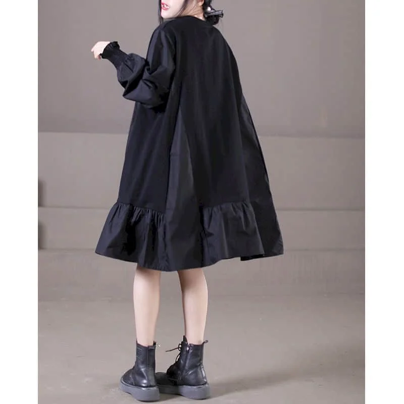 Solid Shirt Dress Vintage Casual Long Sleeve Loose O-neck Korean Style Button Design Knee Length Summer Dress for Women Clothing