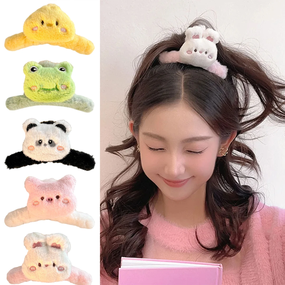 New Plush Hair Claw Faux Rabbit Fur Large Shark Clip Cute Bear Fluffy Crab Clip Hairpin Flocked Bear-shape Women Hair Clip