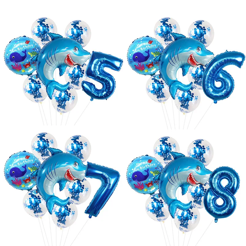 

8pcs Birthday Party Decoration Sequined Shark Balloon Set Cartoon Aluminum Film Balloon Large Sea Animal Theme Toy Ball Ornament