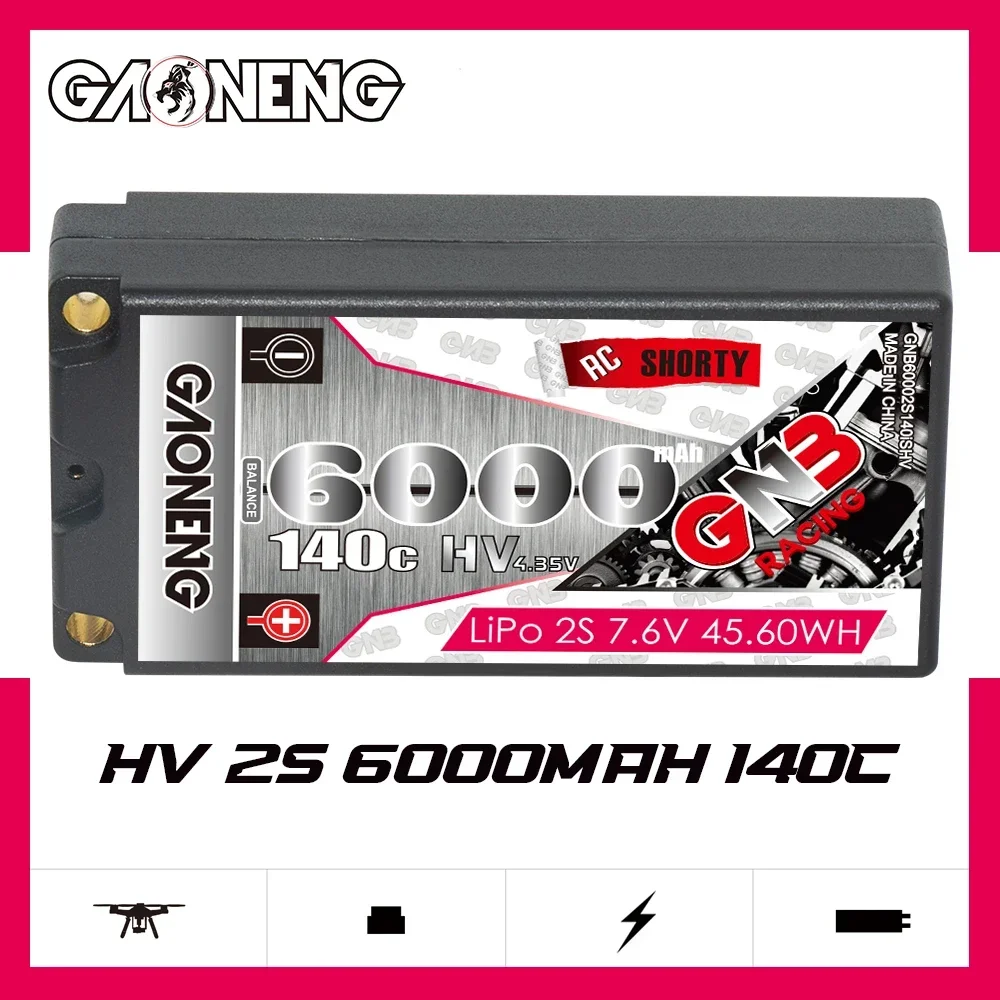 GAONENG 6000mAh 2S 7.6V 140C LiHV Hardcase SHORTY GNB Lipo Battery With 5.0mm Bullet XT60 T Plug For 1/10 RC Car Parts