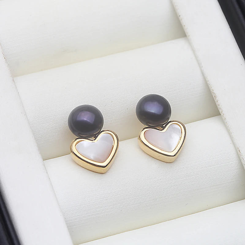 Neue natürliche Süßwasserperlen-Ohrringe für Frauen, kleine 925er Silber-Herzperlen-Ohrringe, Geschenk zum Geburtstag der Freundin, weiß, schwarz – Detail 5