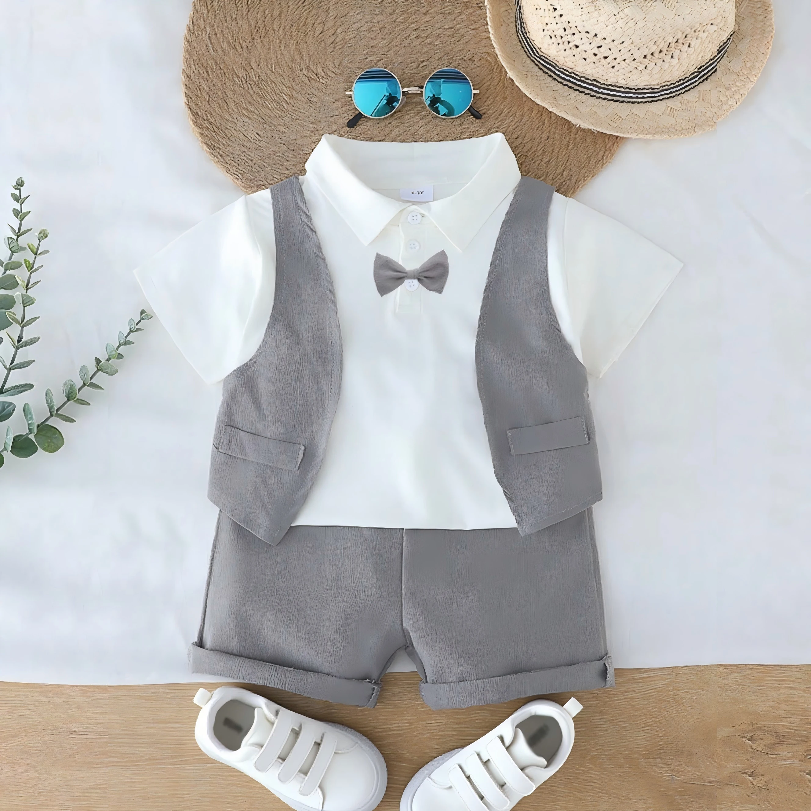 

Two-piece set for infants and toddlers, including a summer gentleman-style bow tie vest, short-sleeved shirt, and shorts