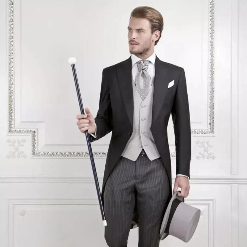 Men Suit 3 Pieces With Gray Vest Striped Trousers Business Casual For Wedding Groom Banquet Tuxedos Set Jacket+Vest With Pants