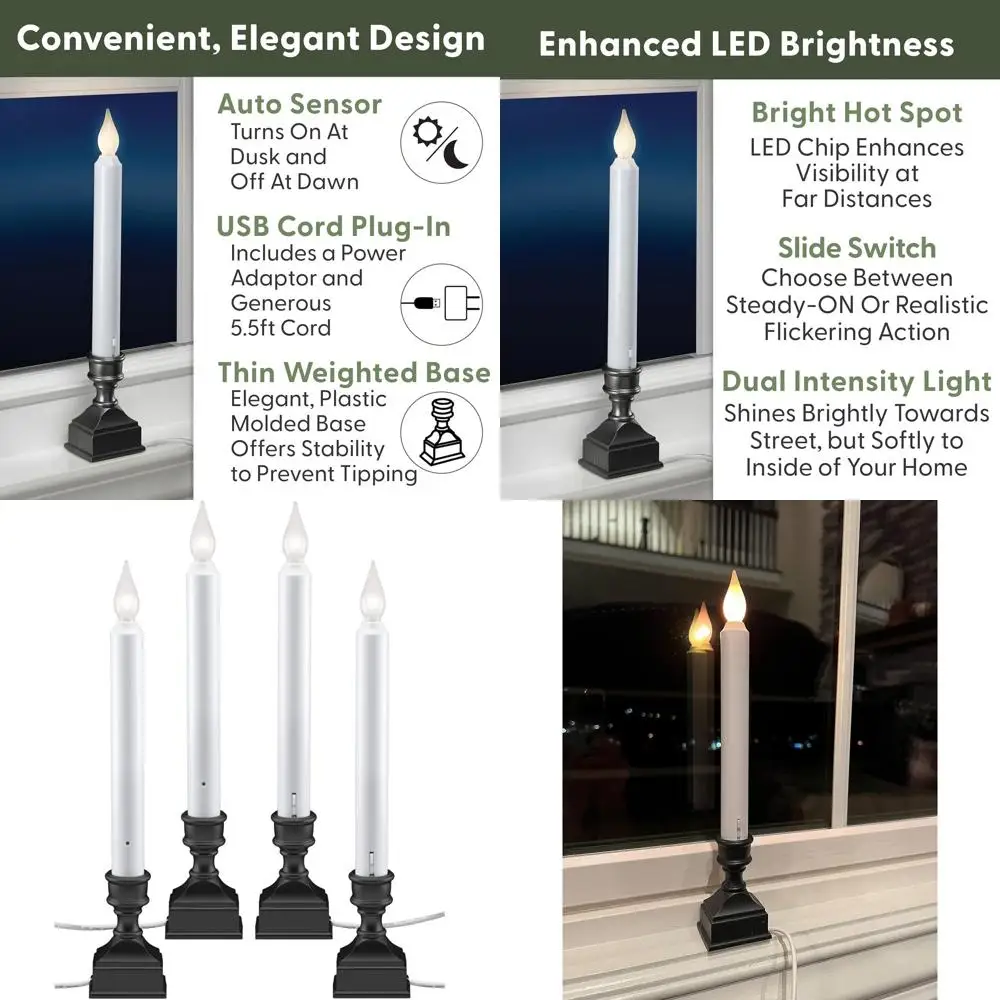 

Светодиодные электрические свечи для окон с ярким горячим точечным светом, датчиком от заката до рассвета, режимом имитации пламени или постоянного свечения, USB-адаптер низкого напряжения, антикварный стиль