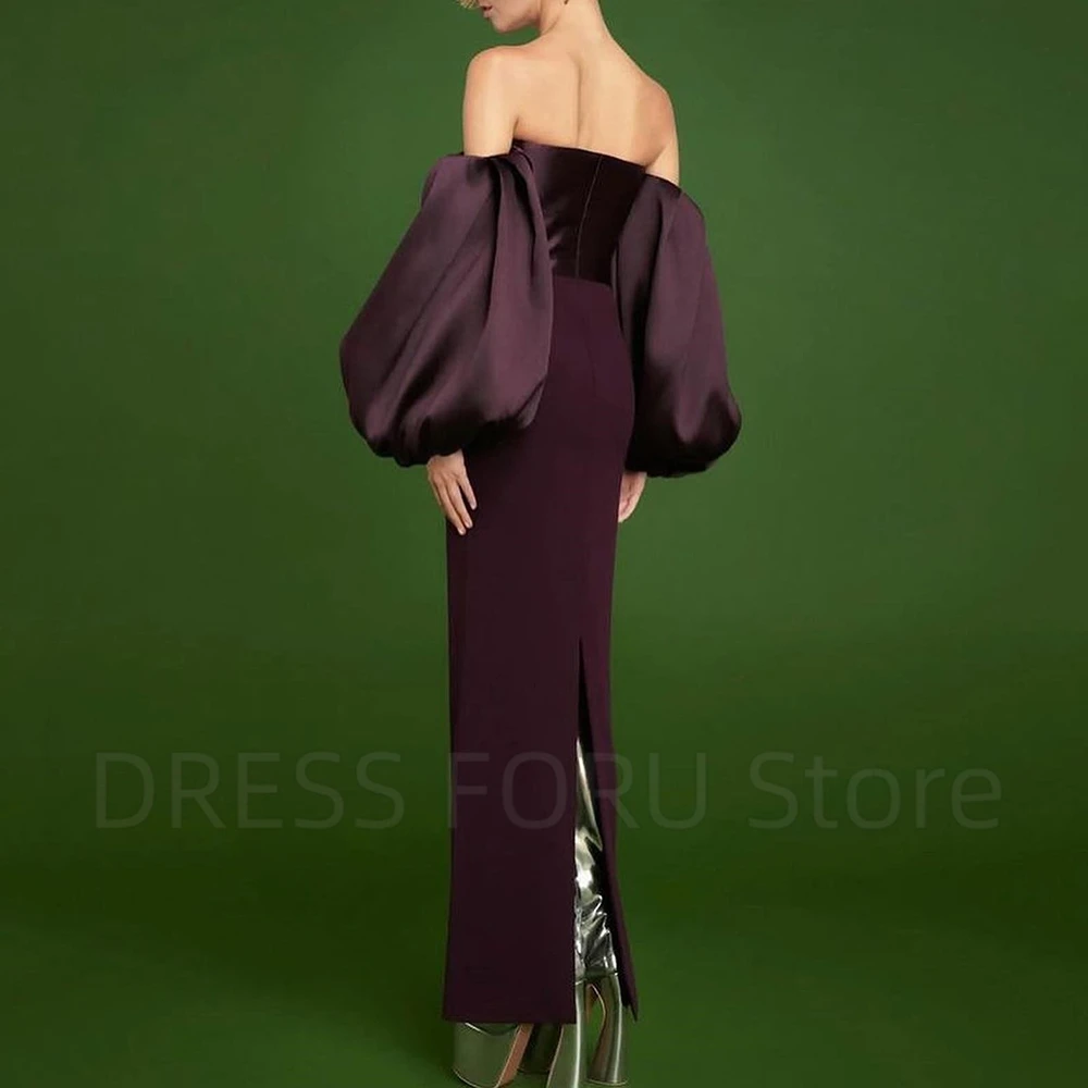 Simple Strapless Evening Dress Off the Shoulder Puff Three Quarter Floor Length Back Slit Women Backless with Zipper Gowns