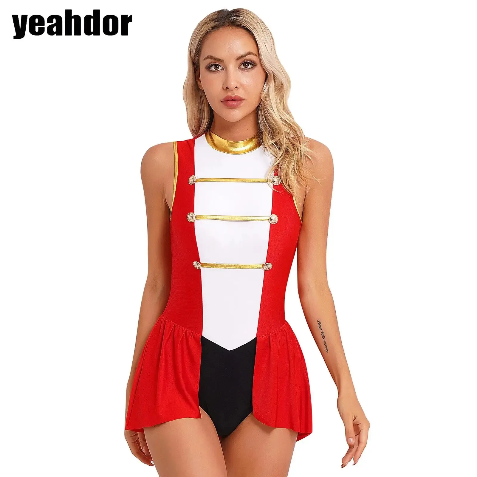

Women Circus Ringmaster Costume Halloween Cosplay Circus Director Jumpsuit Sleeveless Skirted Bodysuit Fancy Ballet Dance Jersey