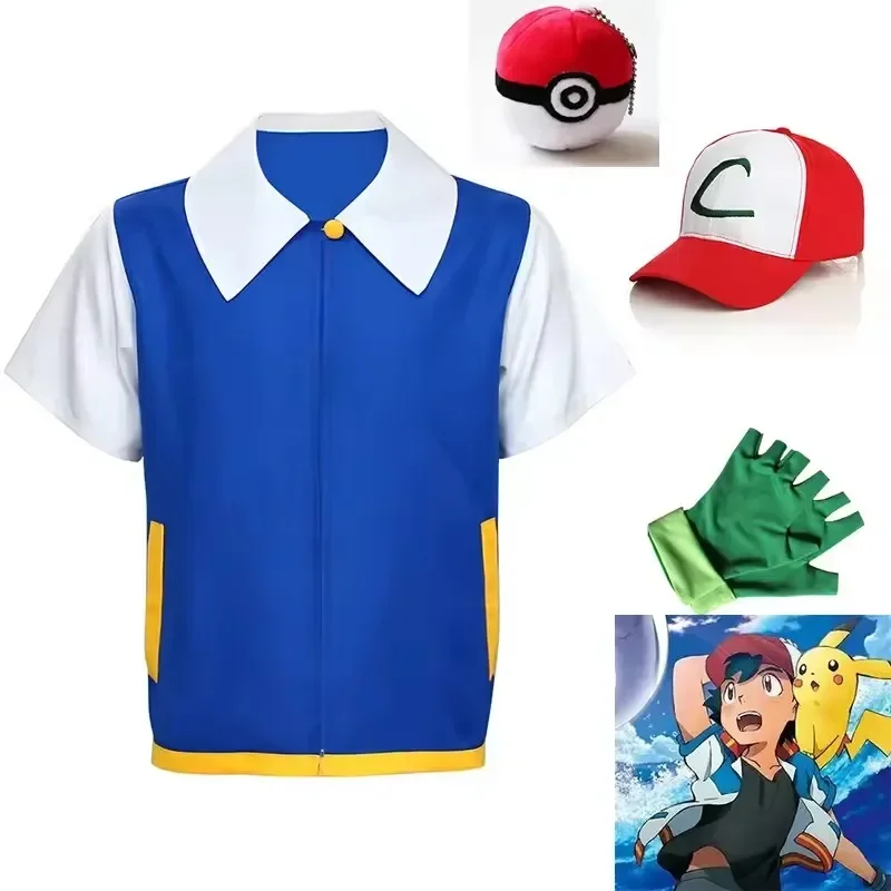 Ropa de Anime Ash Ketchum para hombre, chaqueta azul, disfraz para niños y niñas, Cosplay de Halloween para entrenador de fiesta, conjunto de guantes con gorro de Pokémon