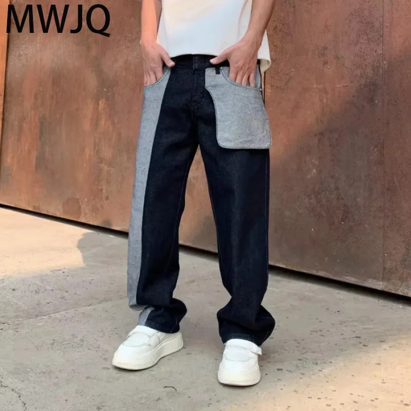 

MWJQ Colorblock Jeans Men's Trendy Loose Straight Leg Dark Blue Washed 2025 New Casual Wide Leg Straight Denim Trousers 010415