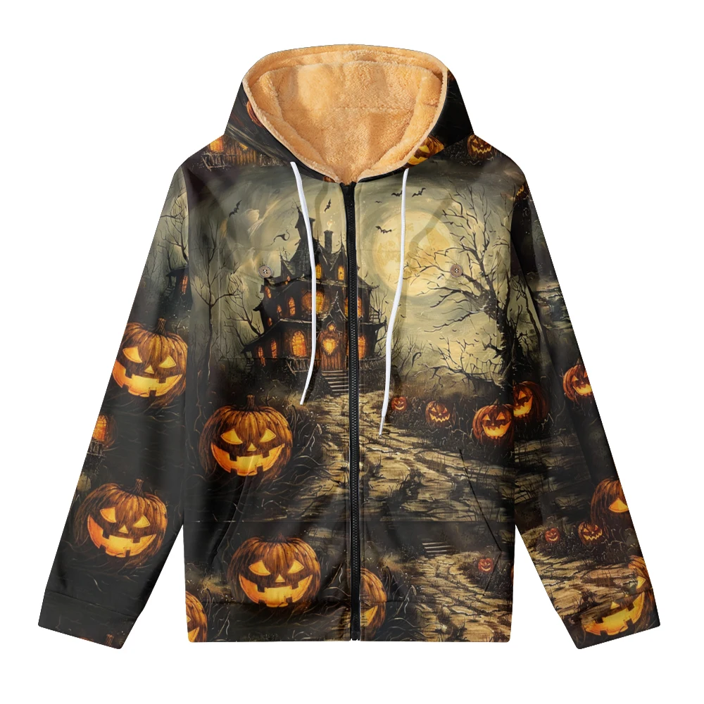 Men's and women's thick wool hooded double-layer jackets, winter autumn Halloween printed chest pocket zipper, outdoor warmth