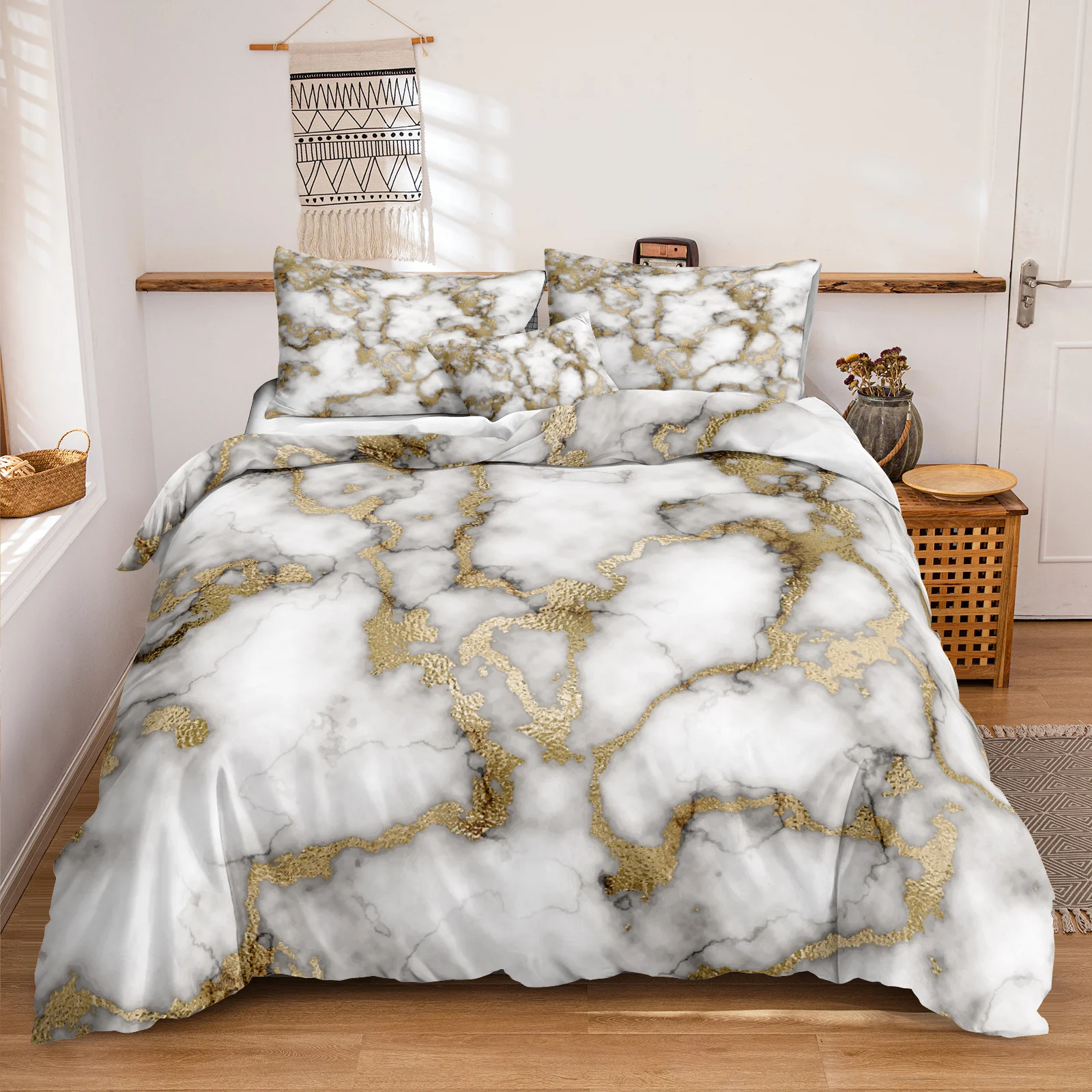 

Marble Bedding Sets White Gold Duvet Cover Set Modern Fashion Home Textiles Floral Bed Linen for Dropshipping