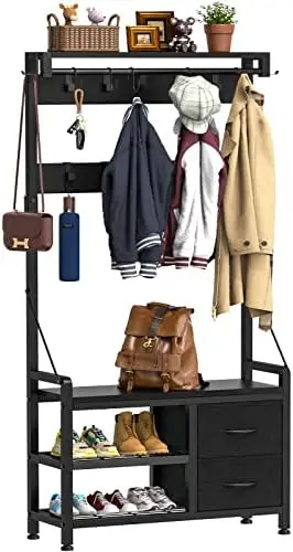 

Hall Tree, 31\u201D Entryway Bench with Coat Rack freestanding, 5 In 1 Shoe Bench and Wall Rack 17 Hooks and Drawers, White