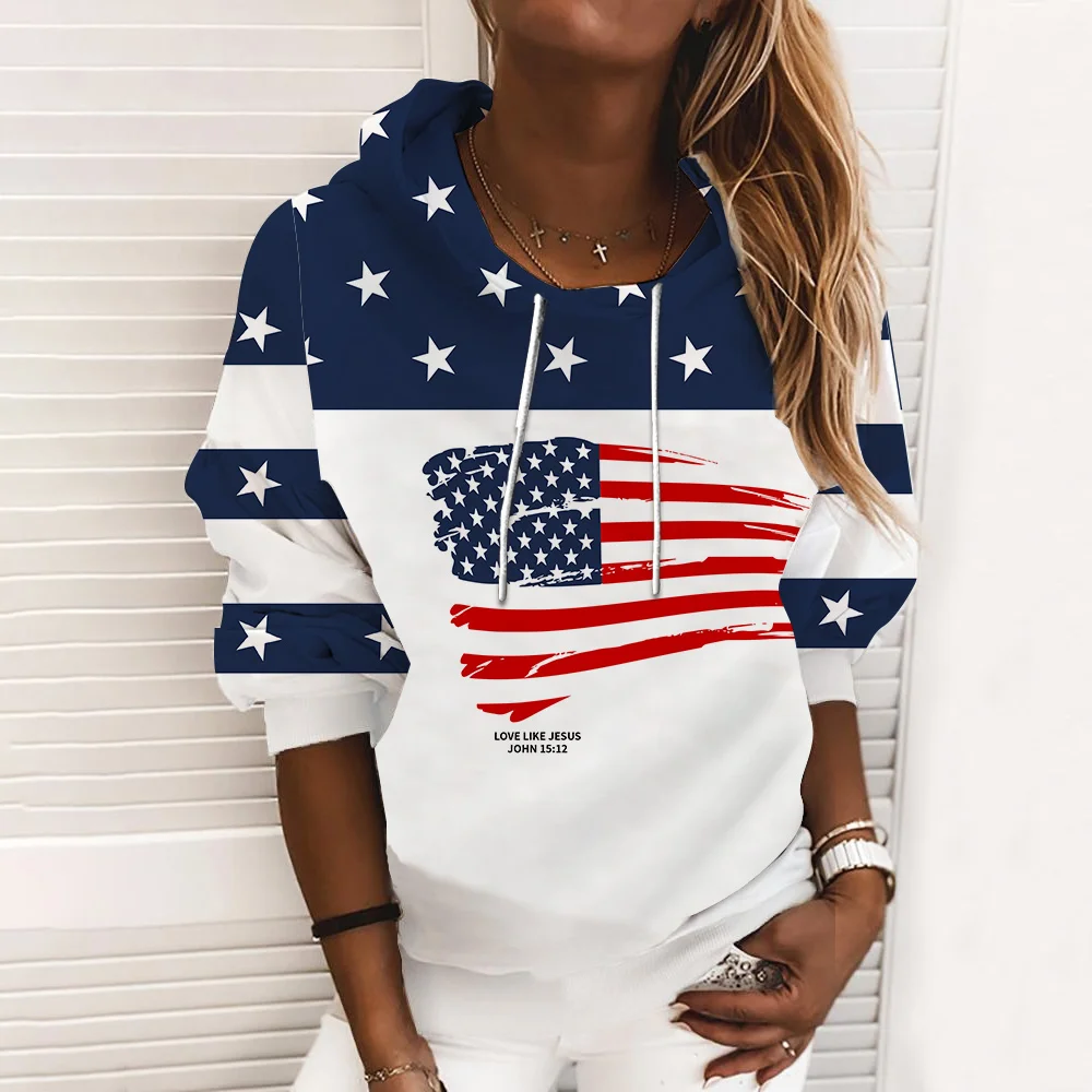 American National Flag Print Hoodies Women Simple Loose Hoodie Y2k  Street High Quality Sweatshirt Sportwear Casual Tops Female