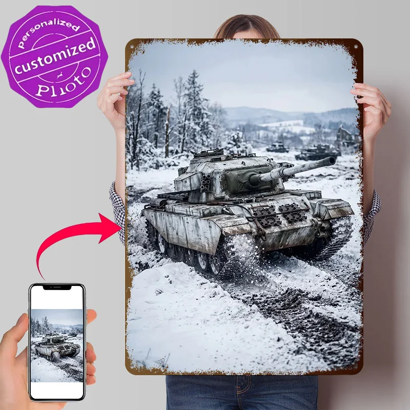 Tank in Snowy Landscape Poster Retro 3D Printed Metal Signs Customized Wall Hanging Gift for Interior Decoration Living Room