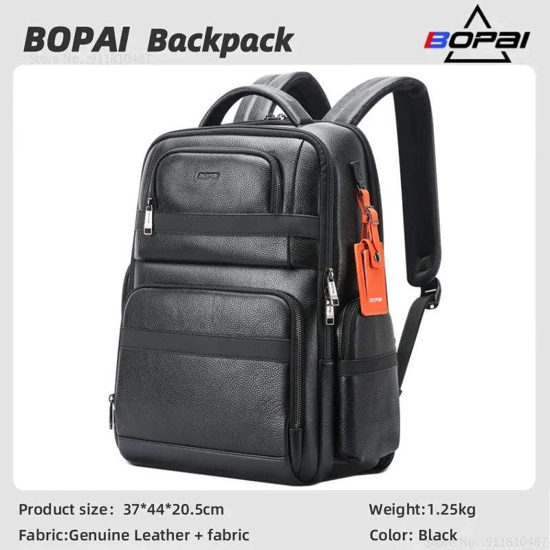 BOPAI Men Luxury Leather Backpack 100% Genuine Leather Large Capacity Travel Cowhide Backpack Cow Leather Business Luxury Bags