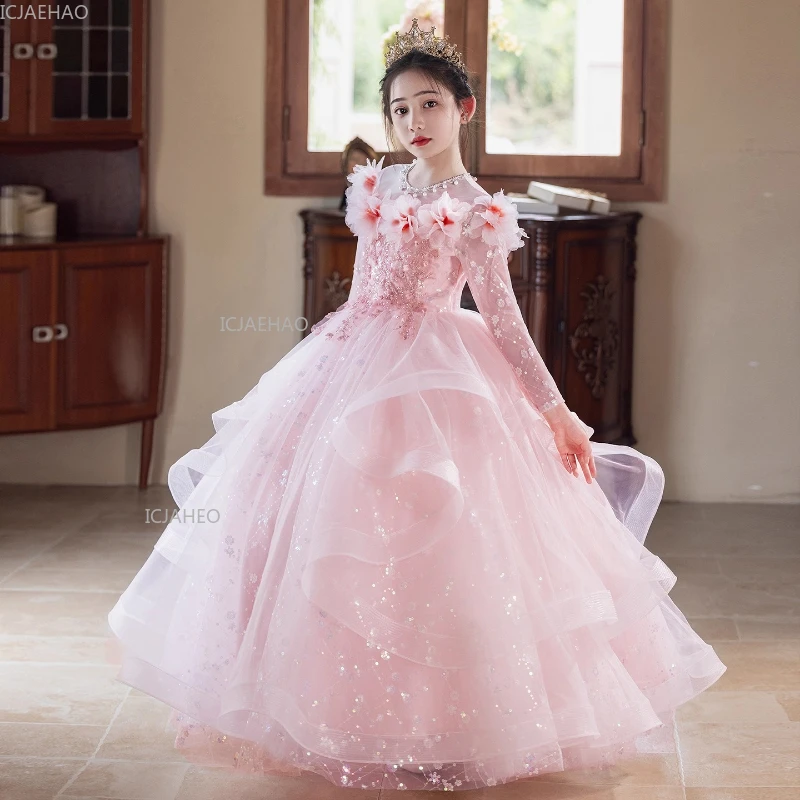

Elegant Flower Dresses Children Girls Birthday Dress Pink Girl Wedding Gown Host Piano Performance Princess Party Formal Clothes