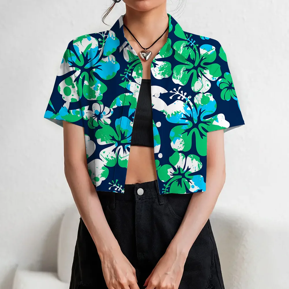 

Hawaii Style Lapel Button Shirts Vacation Women Clothing 2024 New Fashion Summer Short Sleeves Tops Tees Young Ladies Crop Tops