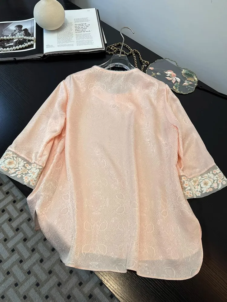 بلوزات جاكار من الحرير الساتان للنساء قمصان تانغ مطرزة بياقة دائرية قمصان فضفاضة كبيرة الحجم