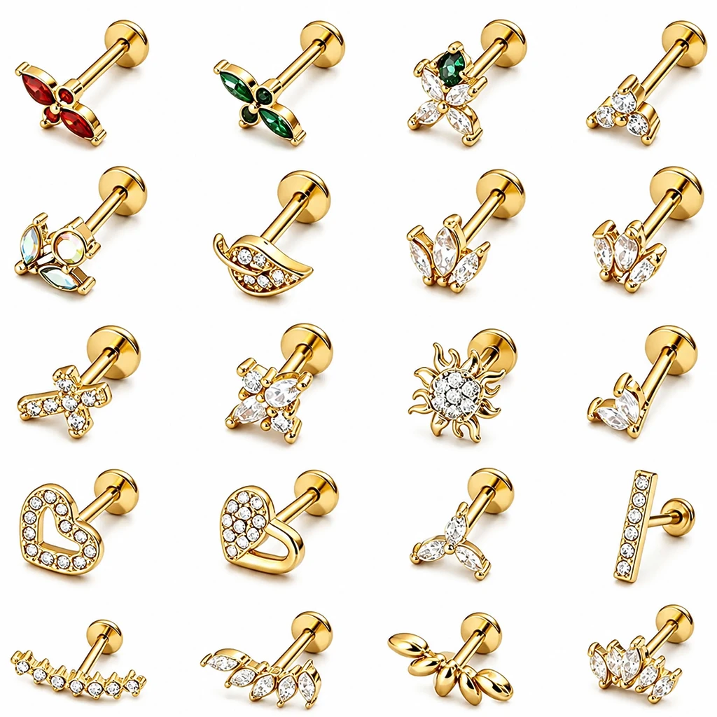 1Pc 316L Stainless Steel Hypoallergenic CZ Labret Stud Flat Back Cartilage Helix Piercing Earring Multiple Shapes Choose Your St