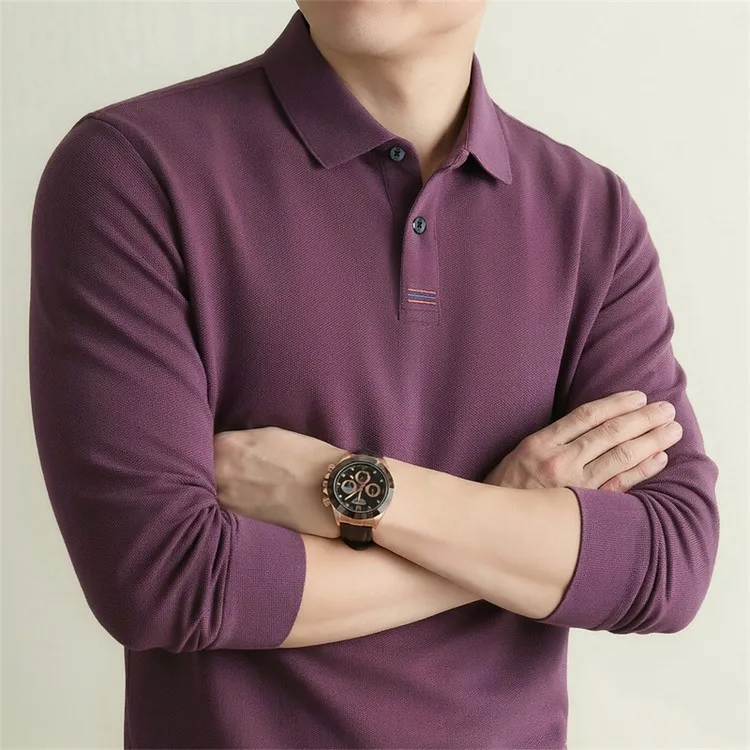 100% Mercerisierte Baumwolle Einfarbiges Business-Casual-Oberteil Herren Old Money Style Langarm-Poloshirt – Detail 22