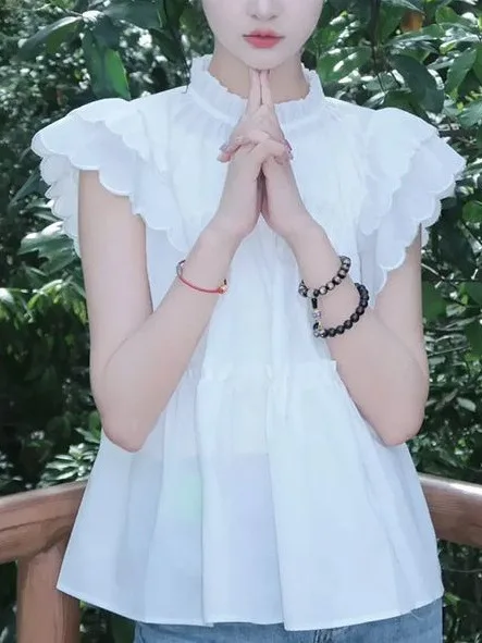 

Женская шифоновая рубашка с коротким рукавом, летняя белая рубашка с маленькими летящими рукавами и оборками по краям, модель DLX1