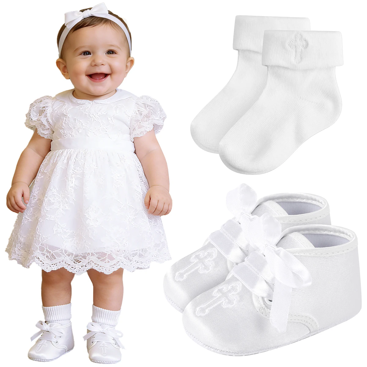 

Baby Boys Girls Baptism Shoes Newborn Christening White Socks Walker Easter Church Birthday Party Gift Infant First Soft Sole