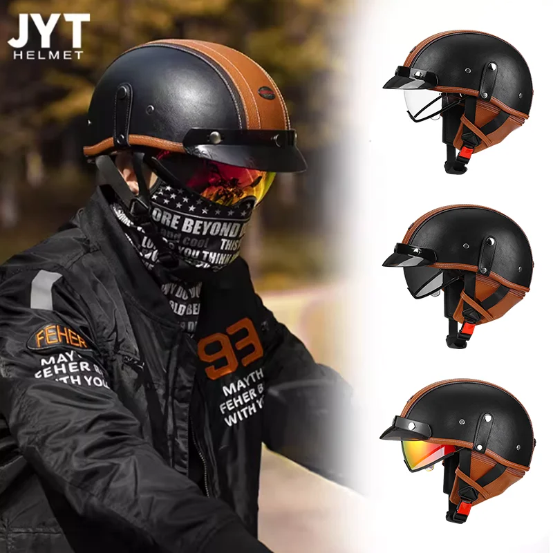 

Real Leather Craftsmanship Orange Black Helmet Motorcycle Cruise 3C Certified Half Helmet Detachable Neck Windproof Design