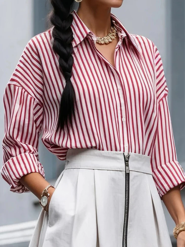 

Long Sleeve Striped Patchwork Chic Blouses, Women Spring Summer Turn-Down Collar Tops, New Holiday Simple Ladies Cardigan Shirts