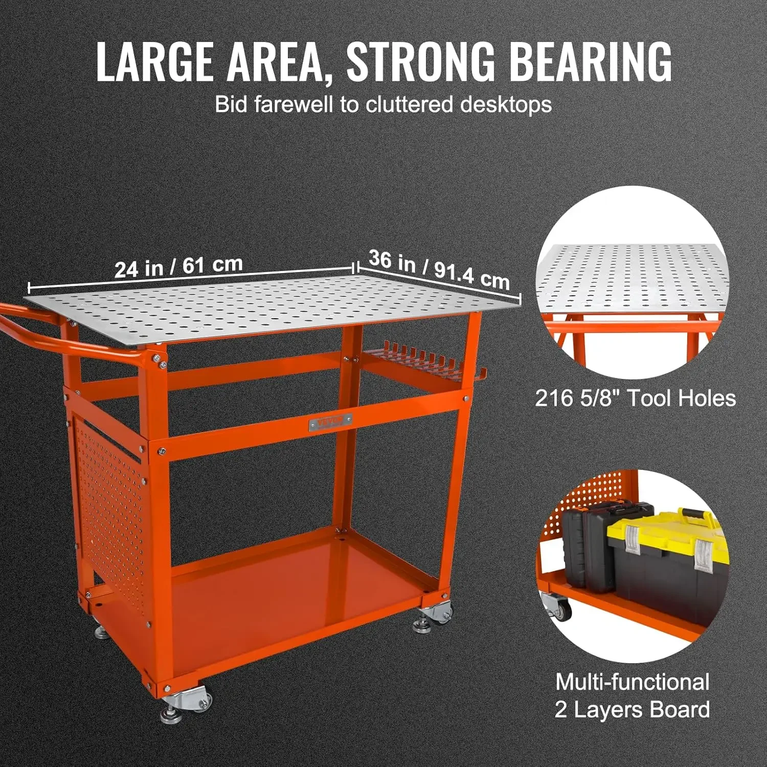 Aço Soldagem Workbench Tabela sobre Rodas, Double-Layer Storage Board, 5/8 Polegada Fixture Buracos, 600lbs Capacidade de Carga, 36 "x 24"