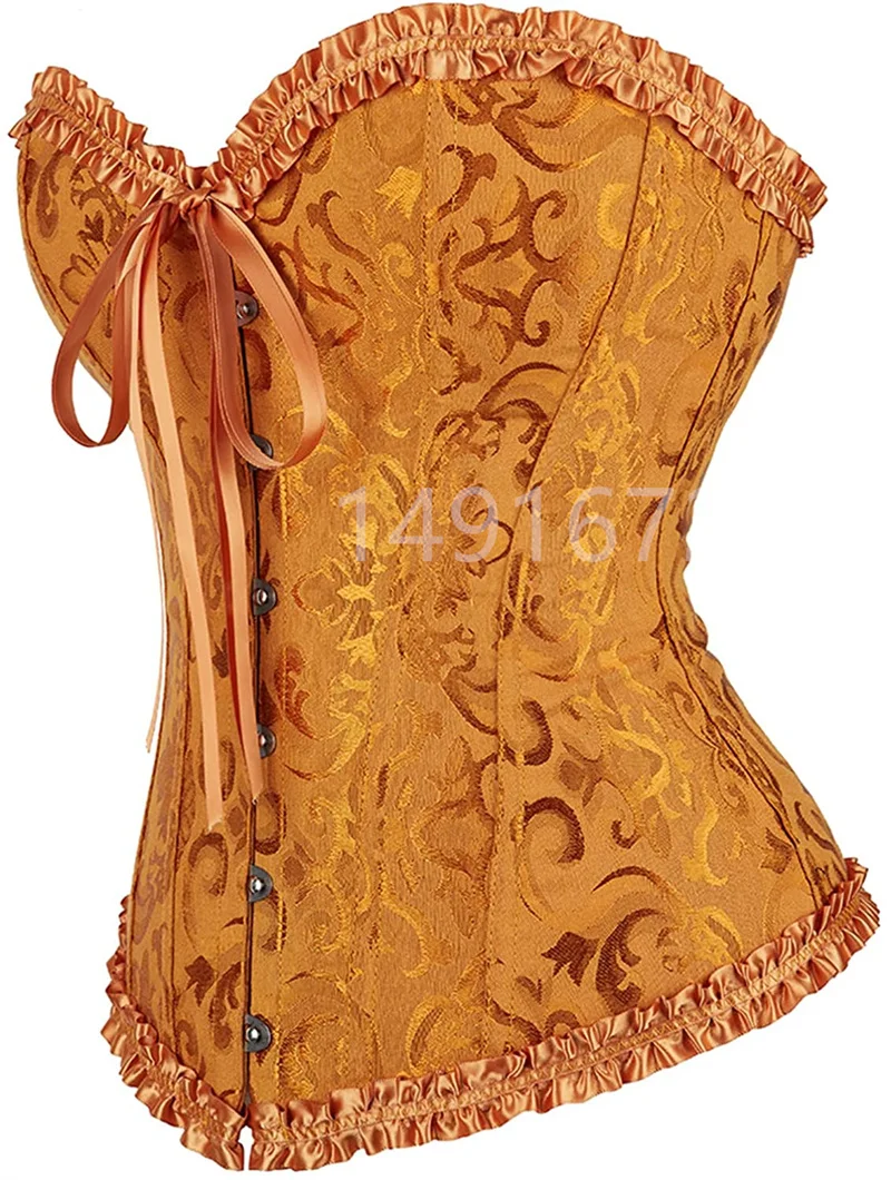 Corset Top Bustier Yellow Sexy Women\'s Plus Size Overbust Corselet Blouse Lace up Floral Gothic Brocade Vintage Fashion Medieval