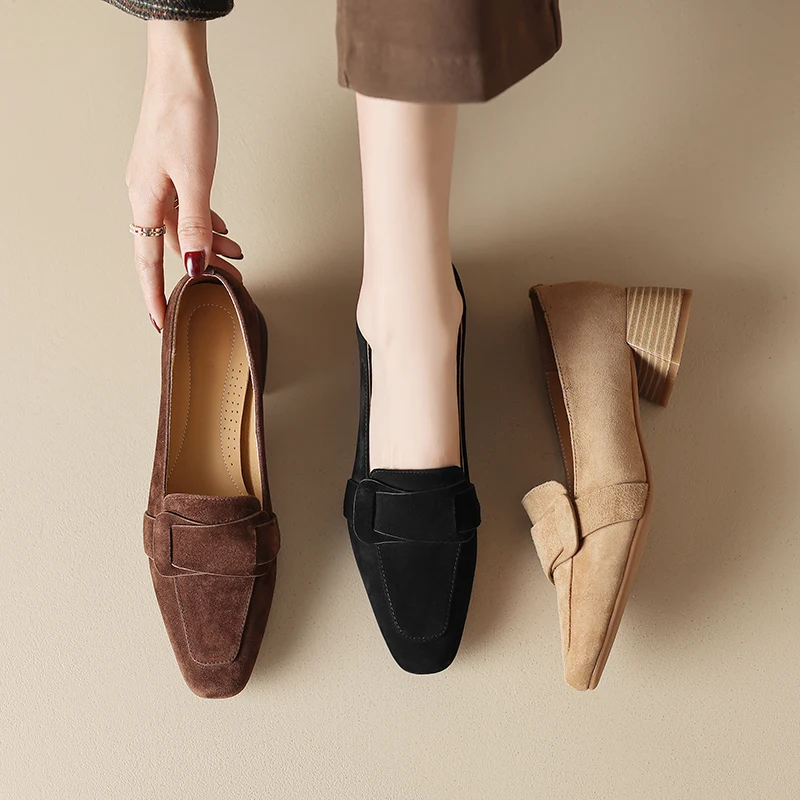 2026 spring autumn women pumps natural leather plus size 22-25.5cm kid suede+pigskin square toe high heel women shoes fashion