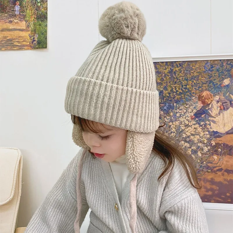

2-8T Baby Hat Big Pompom Beanie with Earflap Wool Plush Children Knitted Cap for Girls Boys Winter Thick Warm Kids Accessories