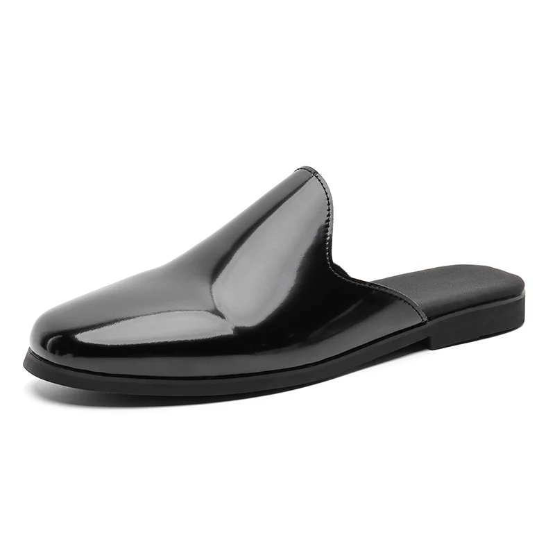 

Большие размеры 37–47, повседневная обувь с открытой спиной, мужские летние лоферы из лакированной кожи, тапочки, полуботинки без шнуровки на плоской подошве, шлепанцы, сандалии