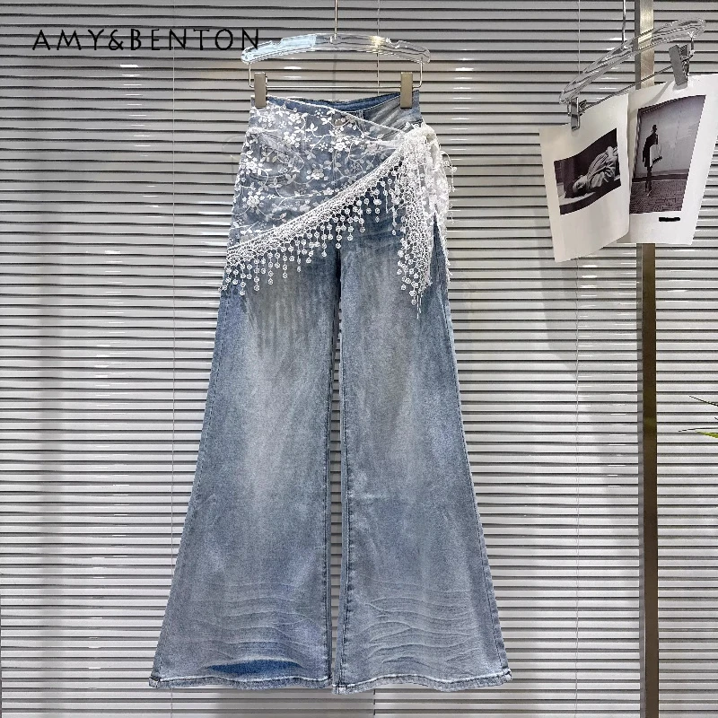 

Женские джинсы Street Hot Girl с кружевной вышивкой и декоративными вставками, весна 2026, новая коллекция, модные универсальные широкие брюки для женщин