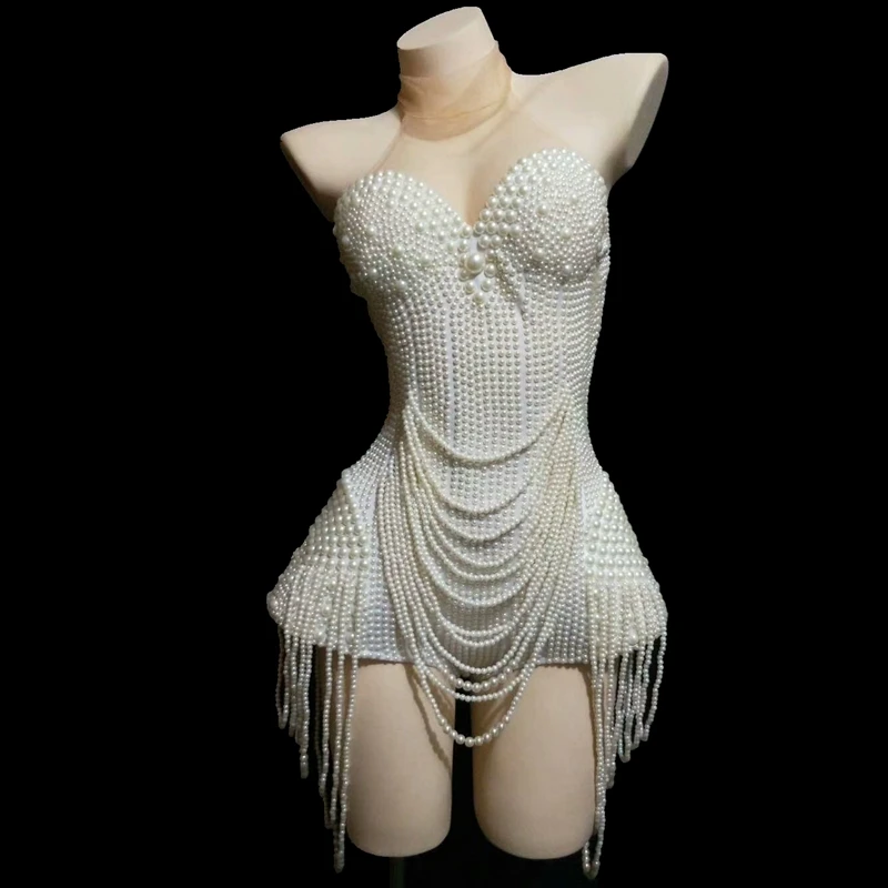 White Pearls Beading Bodysuit Jazz Dance Costume Evening Stage Nightclub Bar Show Wear Prom Birthday Outfit Women Singer Clothes