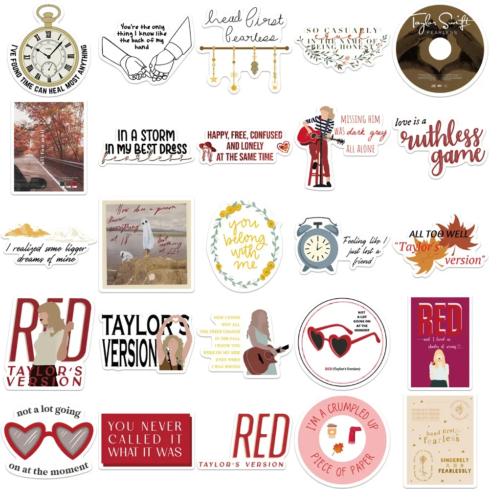 50Pcs Taylor Stickers Red Fearless Stickers Trendy Country Singer Vinyl Decals for Teens Laptop Phone Luggage Notebook Jounal