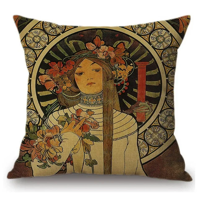 Vintage European Cushion Cover Art Nouveau Mucha Gallery Cushion Case Home Decorative Beautiful Girl Pattern Linen Pillowcase