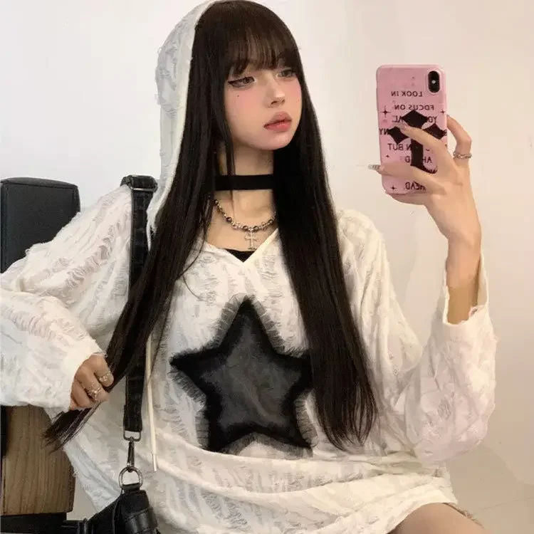 Ф Parque Vintage Ster Witte Hoodie Top voor Vrouwen 2025 Vroege Herfst Nieuwe Losse Gat T-shirts Y2k Lange Mouw Dieptepunt Tee Shirt