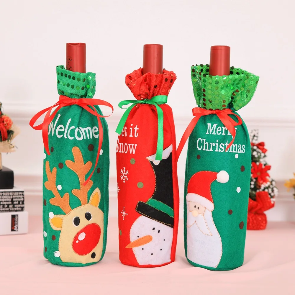 Christmas Decorations Santa Claus Wine Bottle Covers Snowman Champagne Gifts Bags Sequins Xmas Home Dinner Party Table Decors