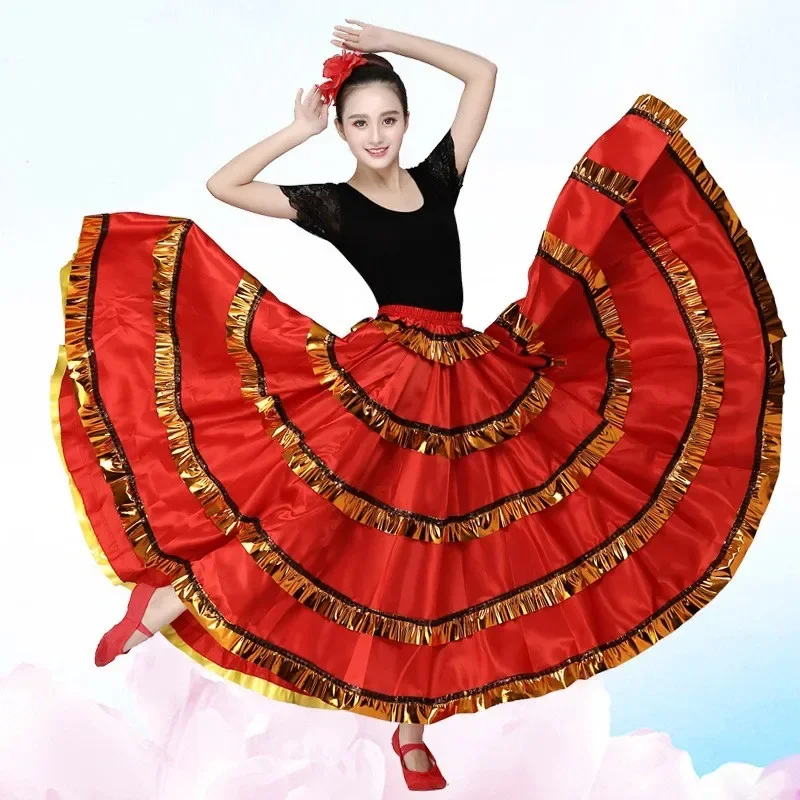 Spanischer Flamenco-Rock, Polyester-Satin-Kleider, glatt, große Schaukel, Party, Ballsaal, Bauchtanz, Kleid, Karneval, Kostüme für Damen