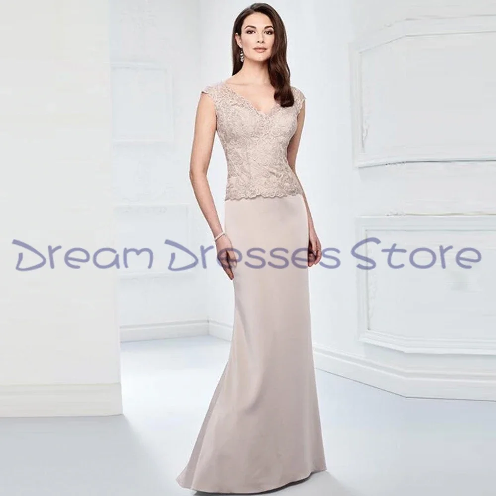 Retro Mother Of Bride Dresses Satin Open Back Floor Length Applique Flower V-Neck Dress for Wedding 2024 Summer Mère Formelle