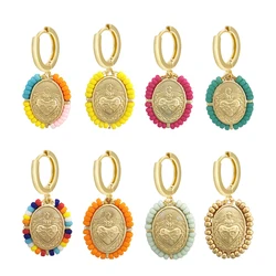 Dangle Hoop Earrings Women Virgin Mary Scared Heart Cross Mom Circle Hand Seed Beads Chain Yellow Gold Color Rainbow Boho