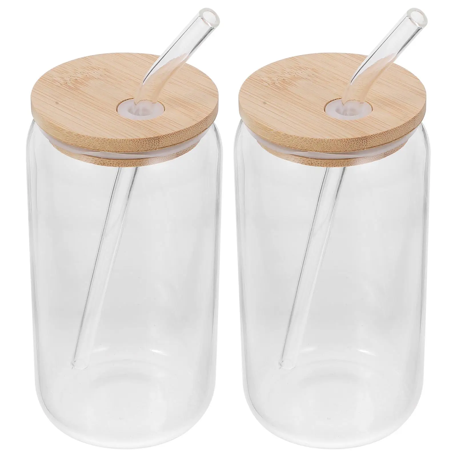 

2 Sets Straw Cups Tumblers Clear Bamboo Lid Comfortable Handle Home Office Milk Milk Tea Cups Tea Coffee Juice