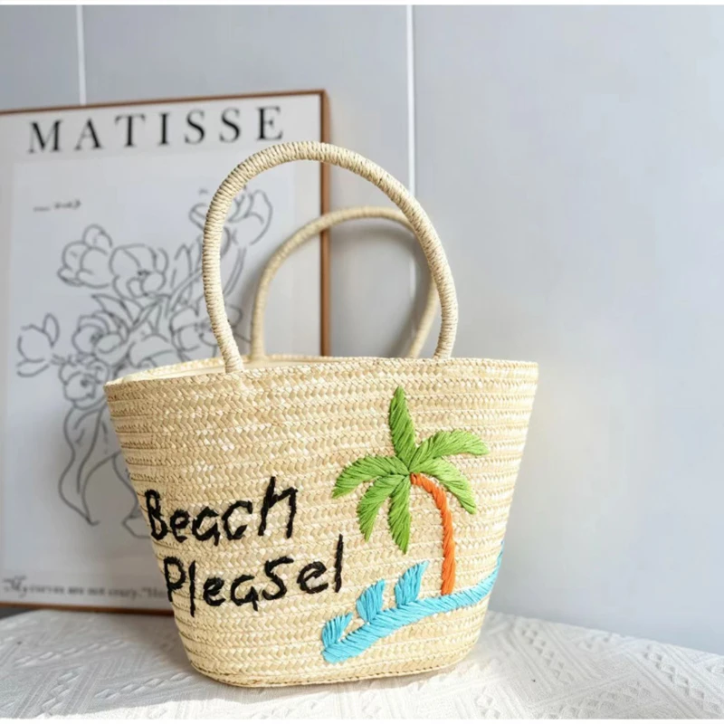 Kokosnuss-Stickerei Strohgewebte Strandtasche, Große Kirsch-Tragetasche, Damen Sommer Casual Urlaubstasche mit Schriftzug – Detail 1