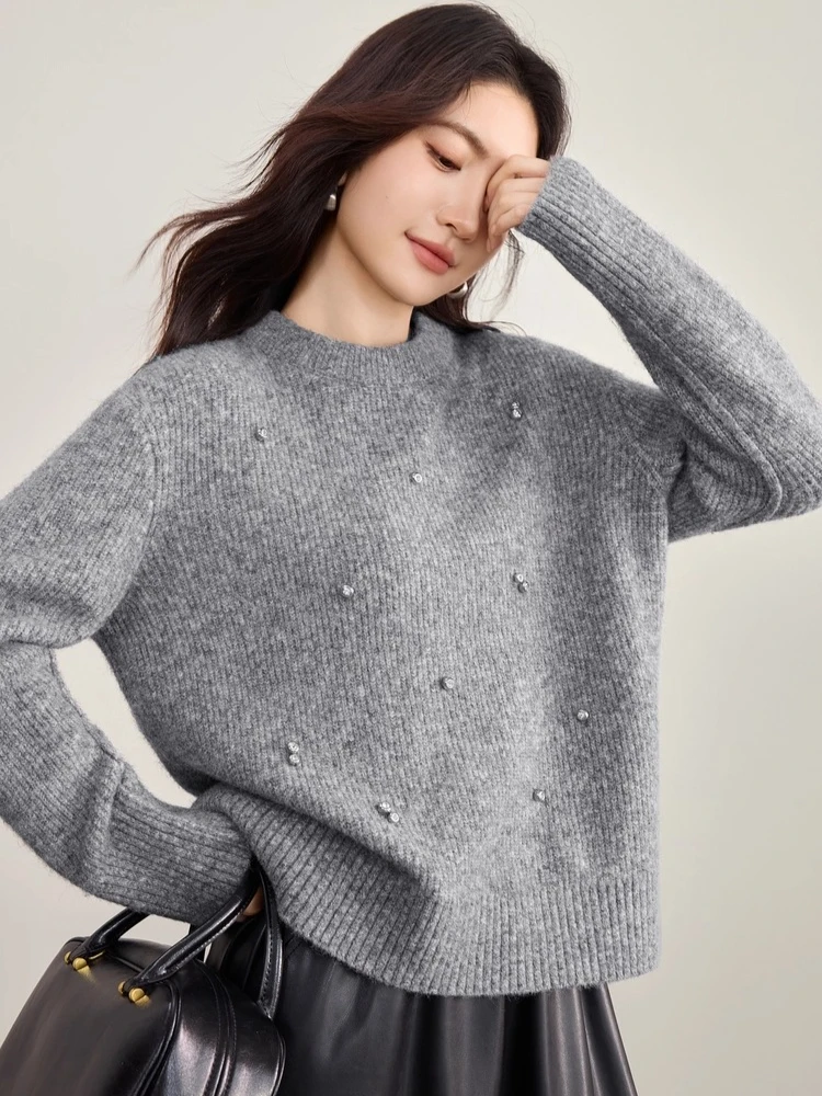 Sweter damski SENTUBILA z wełny, pulower, jesień 2025, do pracy, ręcznie robiony, z dżetami, okrągły dekolt, luźny, lekki, dzianinowy top W53EE3375