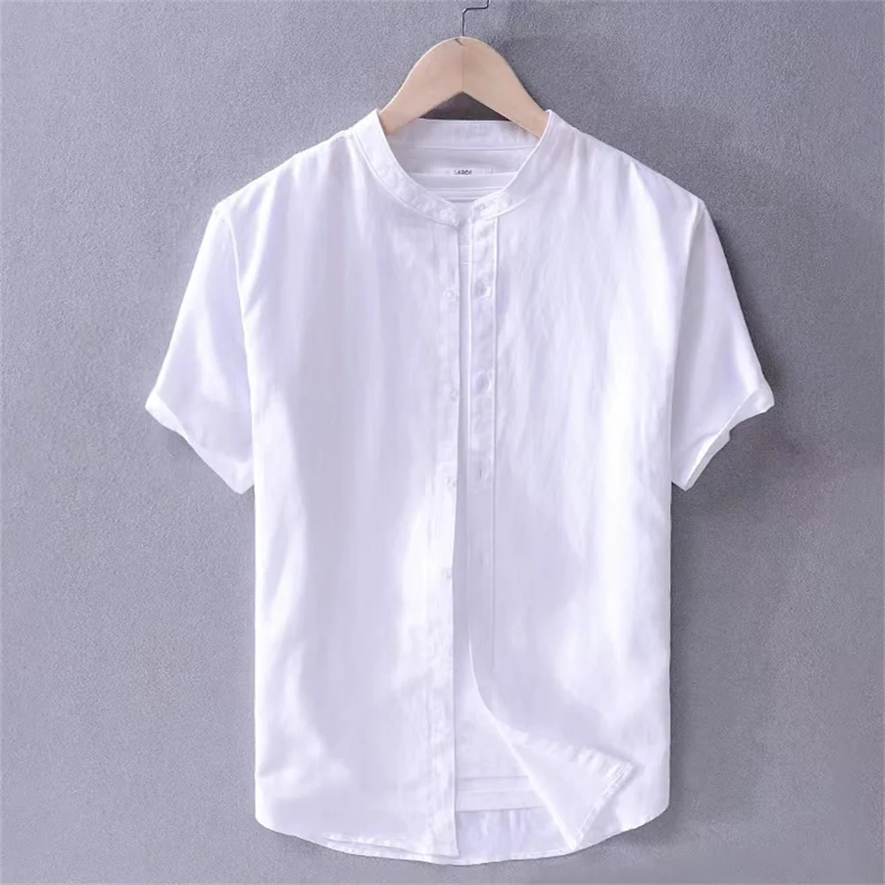 Camisa de lino de alta calidad para hombre, Camisa lisa de manga corta con botones, suave, cómoda, sencilla, ajustada, a la moda, novedad de verano, 2023