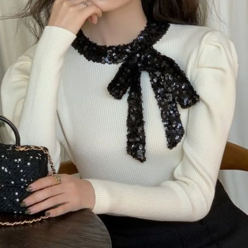 OCEANLOVE Sequins Bows Women Sweaters French Style Vintage Elegant Pull Femme Autumn Winter Fashion Sweet Short Pullovers