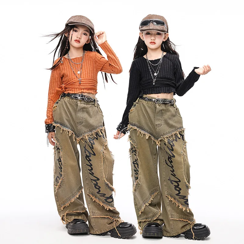 Jazz Dance girls Clothes set Child Trendy Street Performance suit short top+frayed edges Wide leg jeans Hip-Hop kids outfits