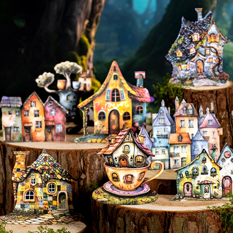 100pcs Strange house series wacky house boxed hard card stickers DIY handbook material collage phone case greeting card calendar