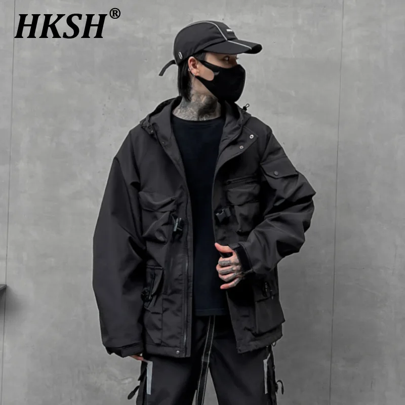 HKSH Autumn Winter Men's Dark Solid Color Jacket Functional Loose Safari Style Fashion Casual Darkwear Hooded Top Coats HK2937