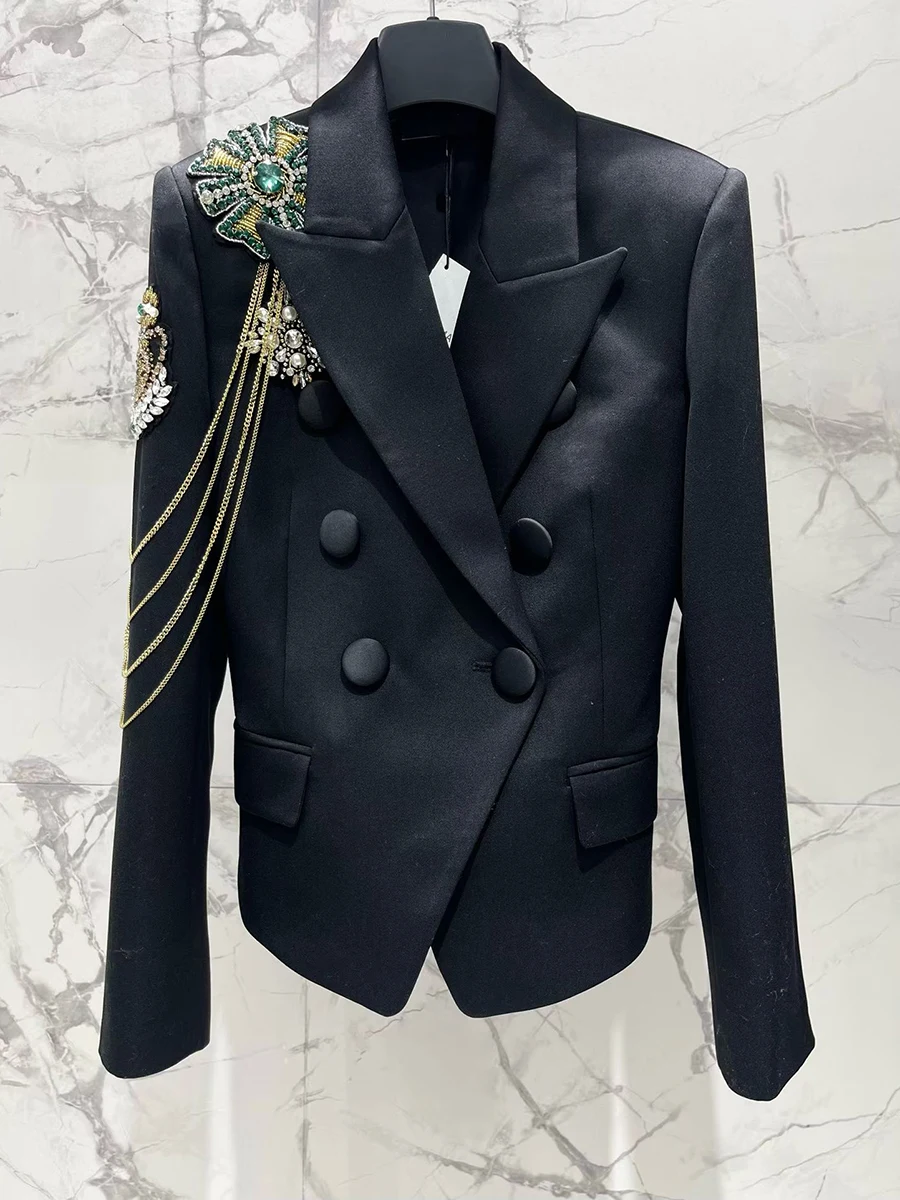 TWOTWINSTYLE Afslanken Gesplitste Kraal Temperament Blazers voor Vrouwen Revers Lange Mouwen Patchwork Kettingen Mode Blazer Vrouwelijke Nieuwe